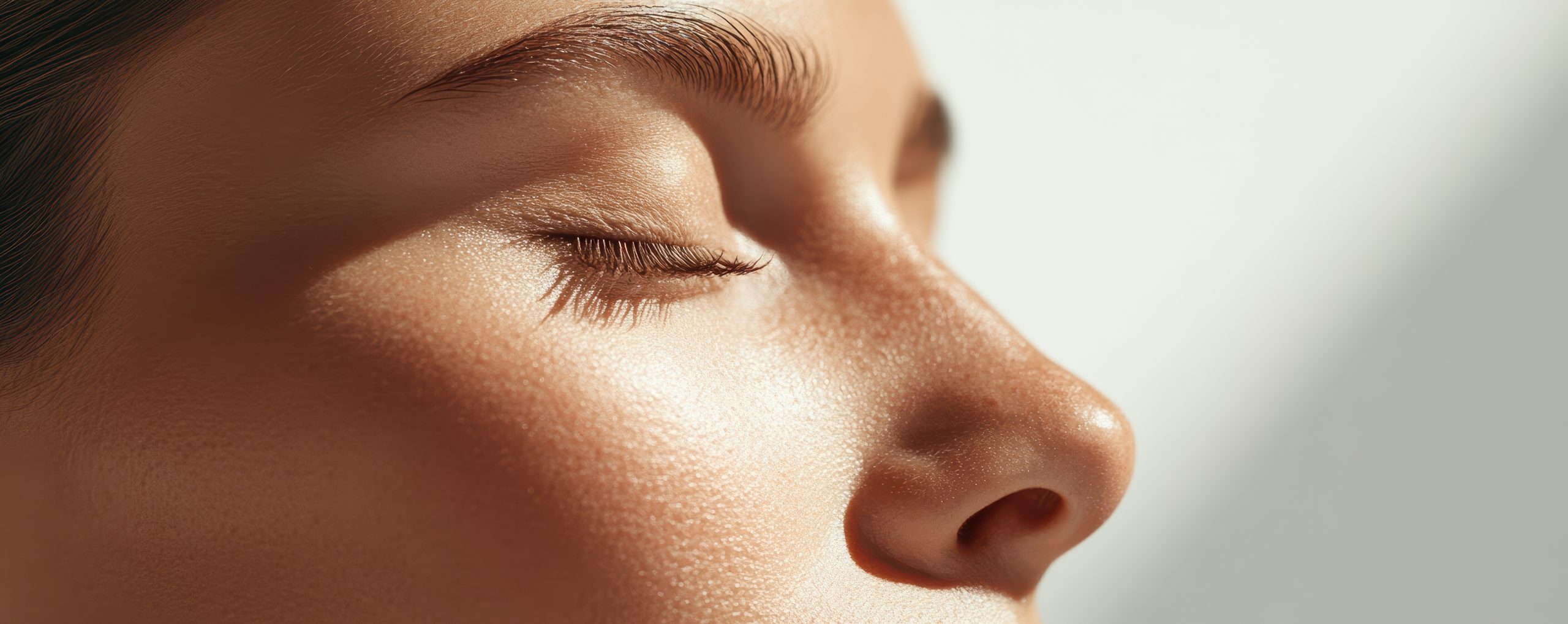 A detailed close-up of a woman’s face with closed eyes, showcasing smooth skin texture illuminated by soft sunlight. A detailed close-up of a woman's face with closed eyes, showcasing smooth skin texture illuminated by soft sunlight.